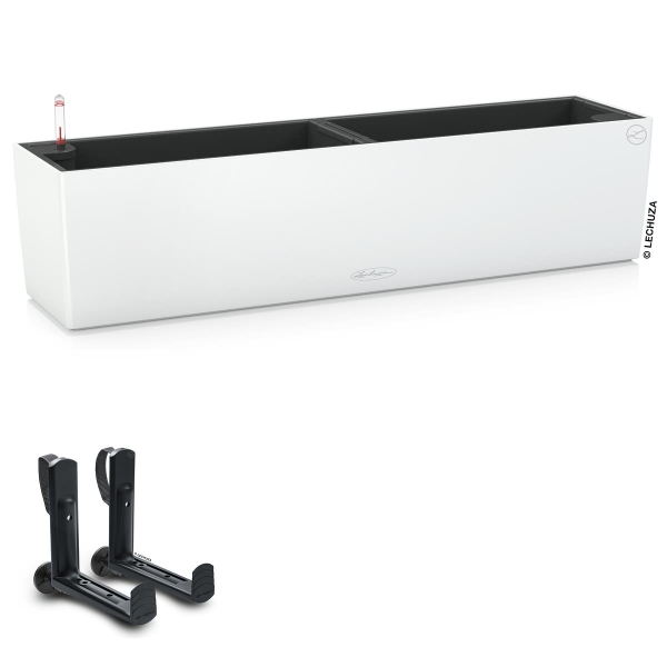 LECHUZA® Blumenkasten BALCONERA Color 80 Weiß All-in-One + 2 Halter
