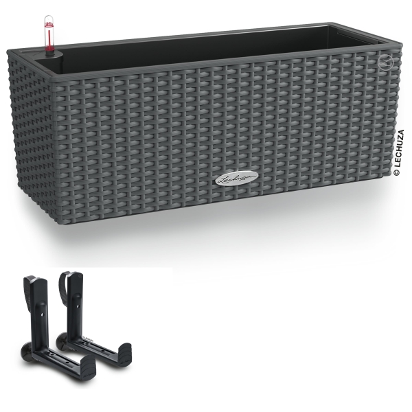 LECHUZA® Blumenkasten BALCONERA Cottage 50 Granit All-in-One + 2 Halter