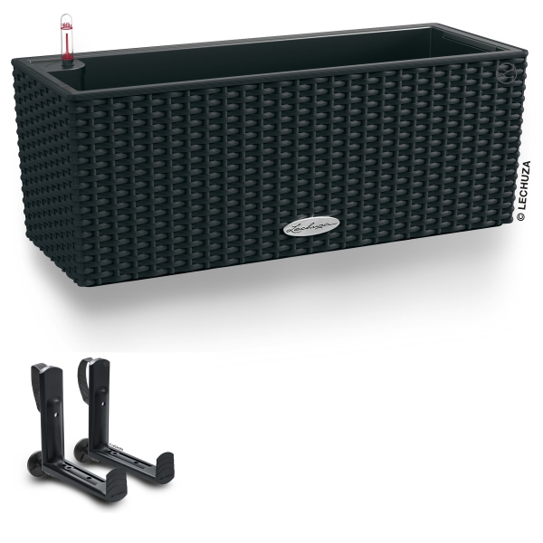 LECHUZA® Blumenkasten BALCONERA Cottage 50 Graphitschwarz All-in-One + 2 Halter