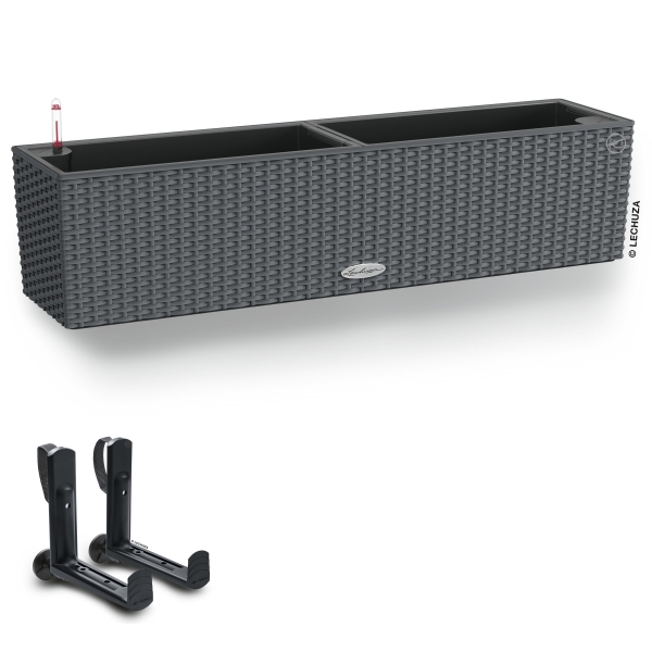 LECHUZA® Blumenkasten BALCONERA Cottage 80 Granit All-in-One + 2 Halter