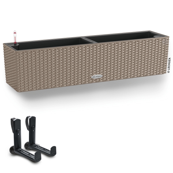 LECHUZA® Blumenkasten BALCONERA Cottage 80 Sandbraun All-in-One + 2 Halter