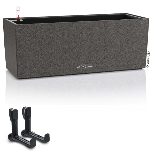 LECHUZA® Blumenkasten BALCONERA Stone 50 Graphitschwarz All-in-One + 2 Halter