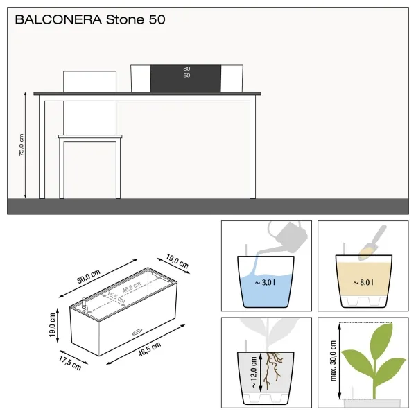 1er + 2 Set LECHUZA® Blumenkasten BALCONERA Stone 50 Steingrau All-in-One