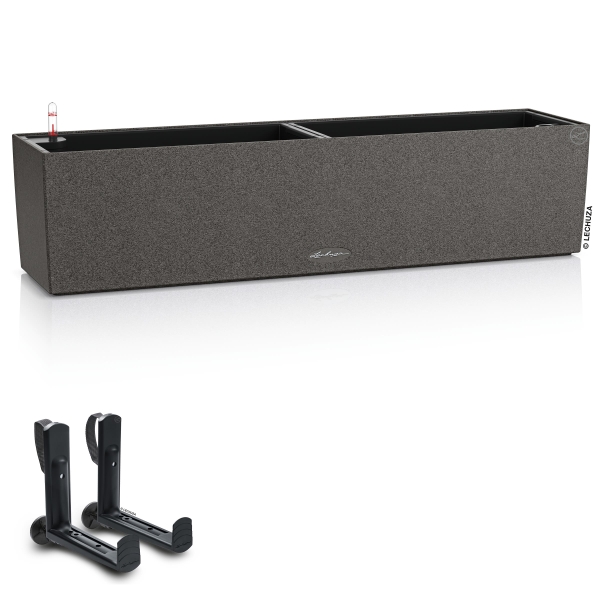 LECHUZA® Blumenkasten BALCONERA Stone 80 Graphitschwarz All-in-One + 2 Halter
