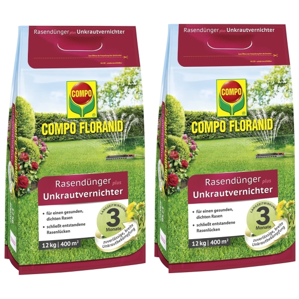 COMPO FLORANID® Rasendünger plus Unkrautvernichter für 400 m² - 12 kg x 2