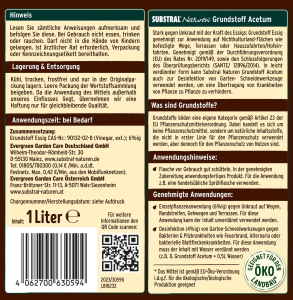 SUBSTRAL® Naturen® Grundstoff Acetum für Saubere Wege & Terrassen - 1 Liter x 2