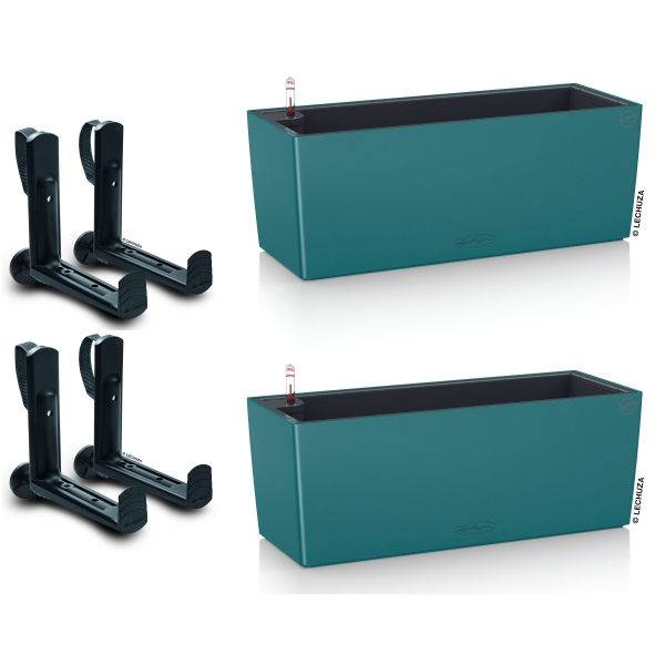 LECHUZA® Blumenkasten BALCONERA Color 50 Petrolblau All-in-One x 2 + 4 Halter