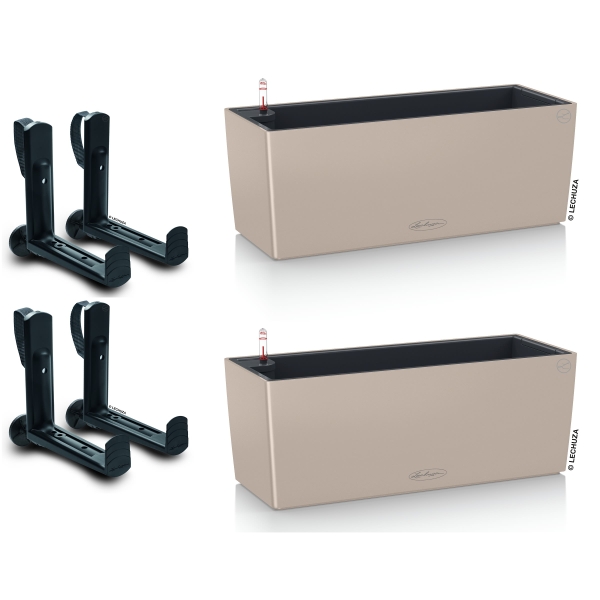 LECHUZA® Blumenkasten BALCONERA Color 50 Sandbraun All-in-One x 2 + 4 Halter