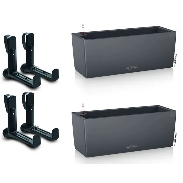 LECHUZA® Blumenkasten BALCONERA Color 50 Schiefergrau All-in-One x 2 + 4 Halter