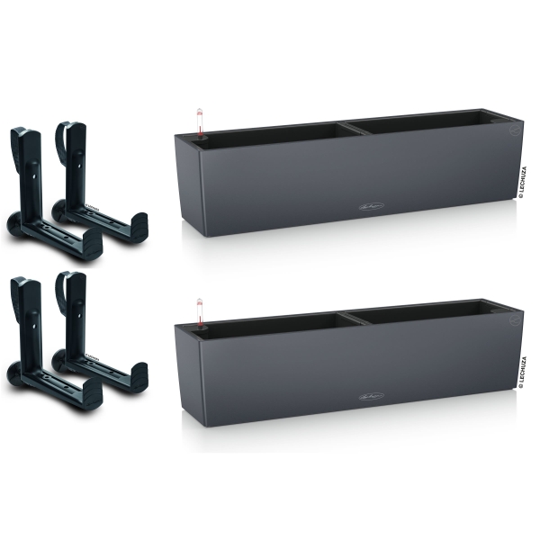 LECHUZA® Blumenkasten BALCONERA Color 80 Schiefergrau All-in-One x 2 + 4 Halter