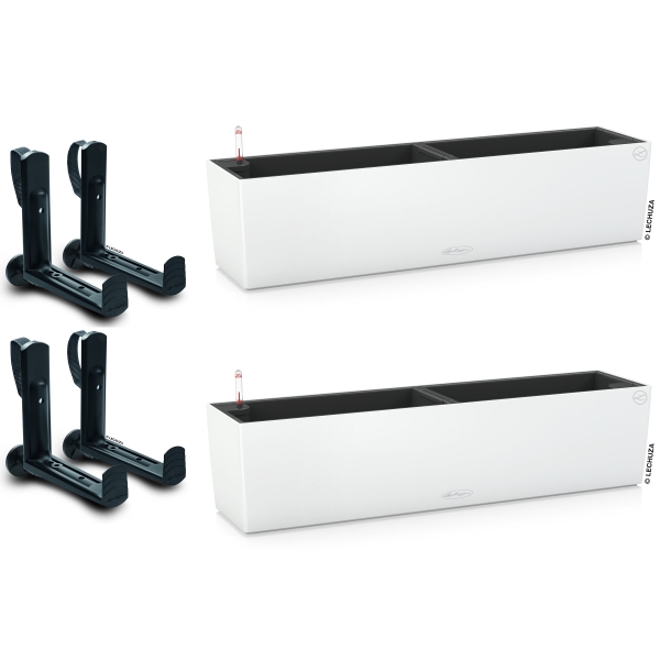 LECHUZA® Blumenkasten BALCONERA Color 80 Weiß All-in-One x 2 + 4 Halter