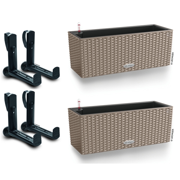 LECHUZA® Blumenkasten BALCONERA Cottage 50 Sandbraun All-in-One x 2 + 4 Halter