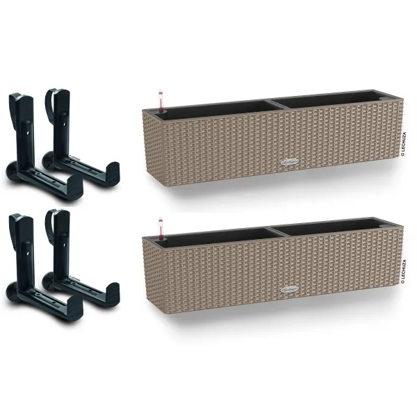 LECHUZA® Blumenkasten BALCONERA Cottage 80 Sandbraun All-in-One x 2 + 4 Halter