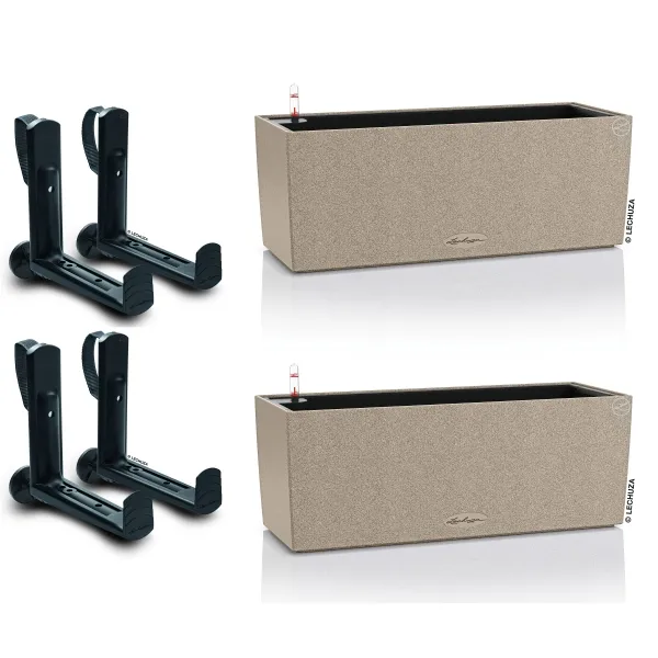 LECHUZA® Blumenkasten BALCONERA Stone 50 Sandbeige All-in-One x 2 + 4 Halter