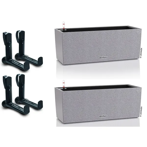 LECHUZA® Blumenkasten BALCONERA Stone 50 Steingrau All-in-One x 2 + 4 Halter LECHUZA® Blumenkasten BALCONERA Stone 50 Steingrau All-in-One x 2 + 4 Halter