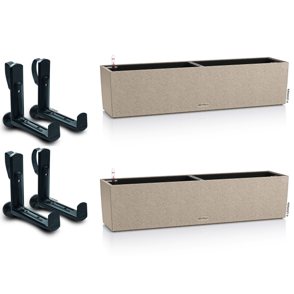 LECHUZA® Blumenkasten BALCONERA Stone 80 Sandbeige All-in-One x 2 + 4 Halter