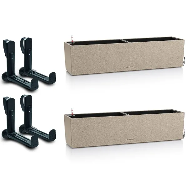 LECHUZA® Blumenkasten BALCONERA Stone 80 Sandbeige All-in-One x 2 + 4 Halter