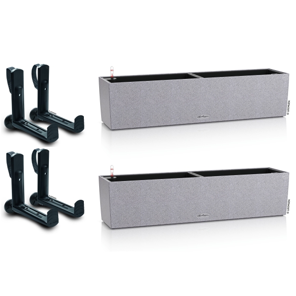LECHUZA® Blumenkasten BALCONERA Stone 80 Steingrau All-in-One x 2 + 4 Halter