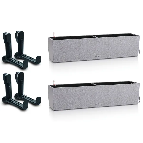 LECHUZA® Blumenkasten BALCONERA Stone 80 Steingrau All-in-One x 2 + 4 Halter