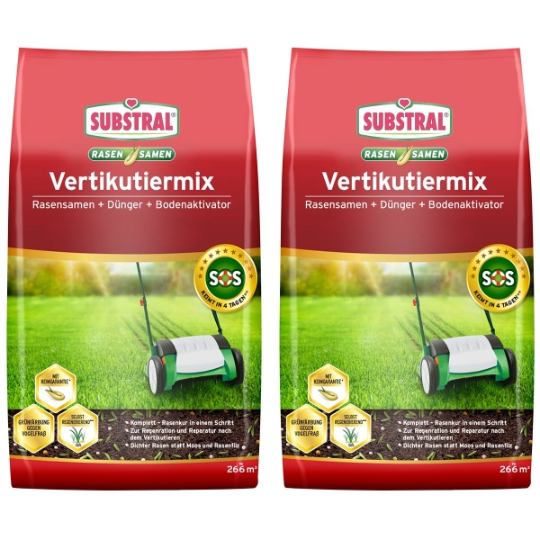 SUBSTRAL® Vertikutiermix Rasensamen  Dünger Bodenaktivator für 266 m² - 8 kg x 2