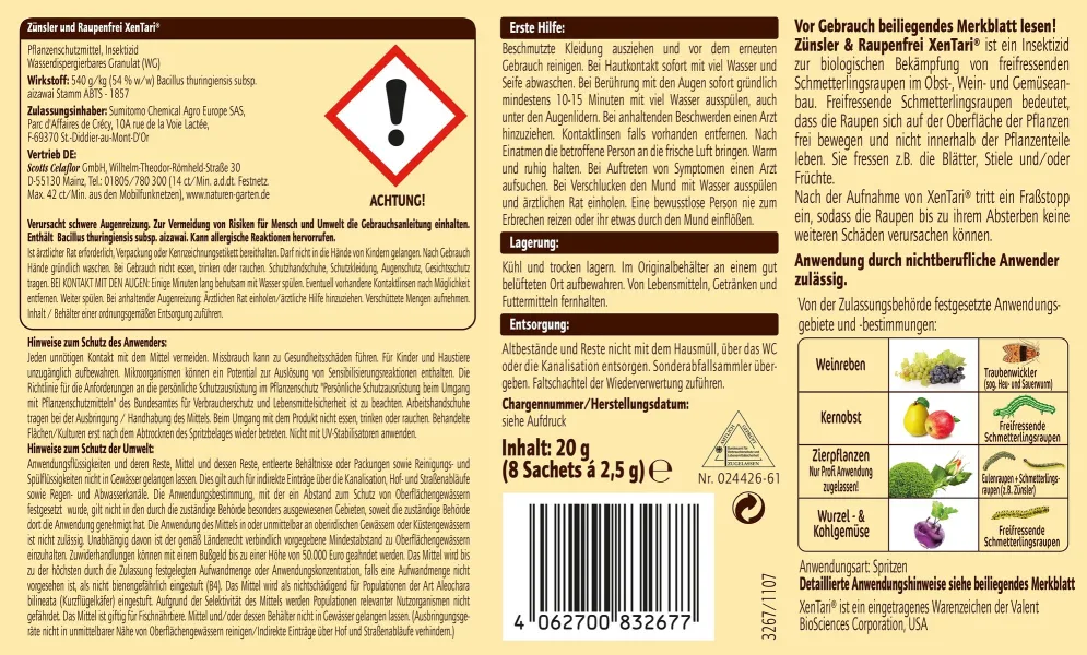 SUBSTRAL® Naturen® BIO Zünsler & Raupenfrei XenTari® - 20 g = 8 x 2,5 g x 3