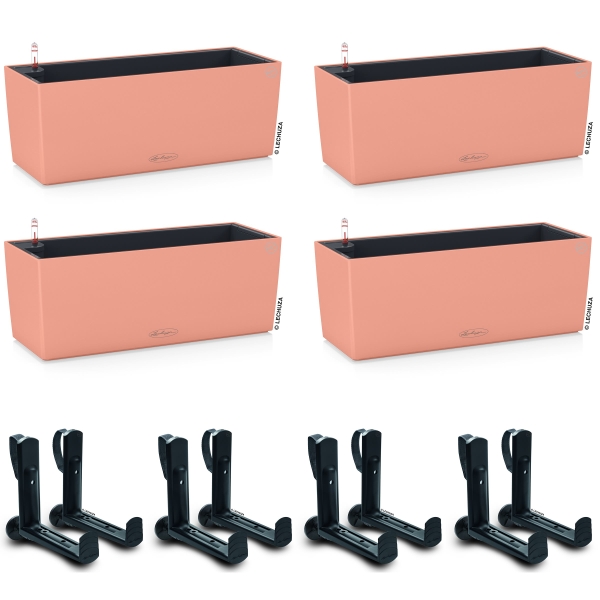 LECHUZA® Blumenkasten BALCONERA Color 50 Korallrot All-in-One x 4 + 8 Halter