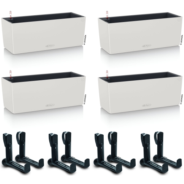 LECHUZA® Blumenkasten BALCONERA Color 50 Lichtgrau All-in-One x 4 + 8 Halter