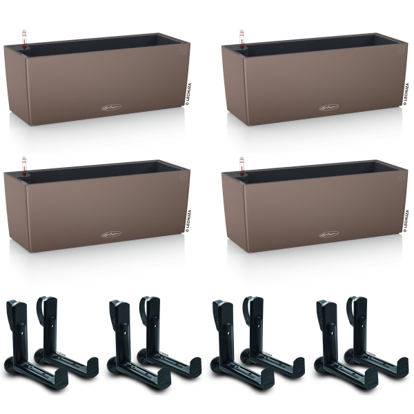 LECHUZA® Blumenkasten BALCONERA Color 50 Muskat All-in-One x 4 + 8 Halter