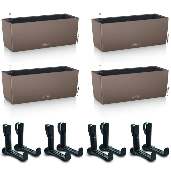 LECHUZA® Blumenkasten BALCONERA Color 50 Muskat All-in-One x 4 + 8 Halter