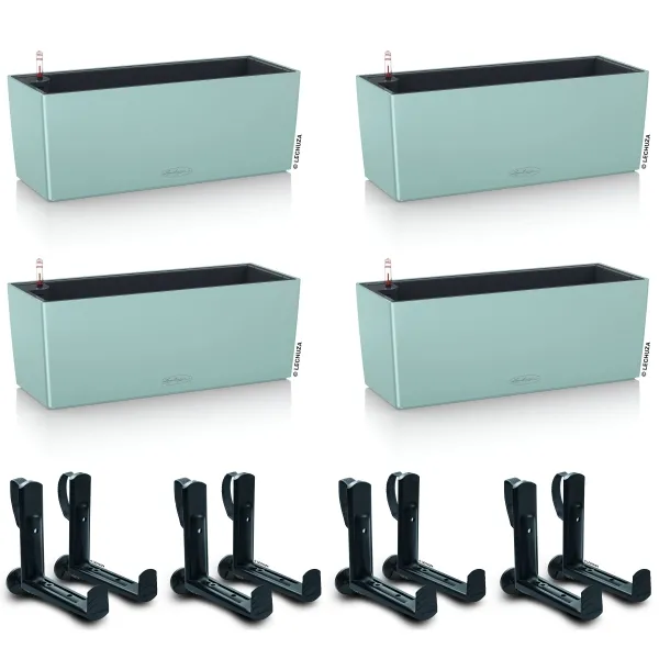 LECHUZA® Blumenkasten BALCONERA Color 50 Pastellgrün All-in-One x 4 + 8 Halter
