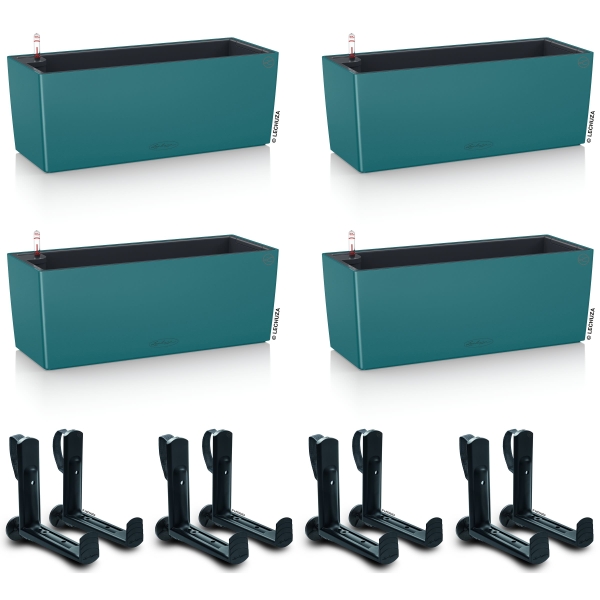 LECHUZA® Blumenkasten BALCONERA Color 50 Petrolblau All-in-One x 4 + 8 Halter
