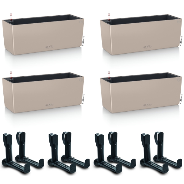 LECHUZA® Blumenkasten BALCONERA Color 50 Sandbraun All-in-One x 4 + 8 Halter