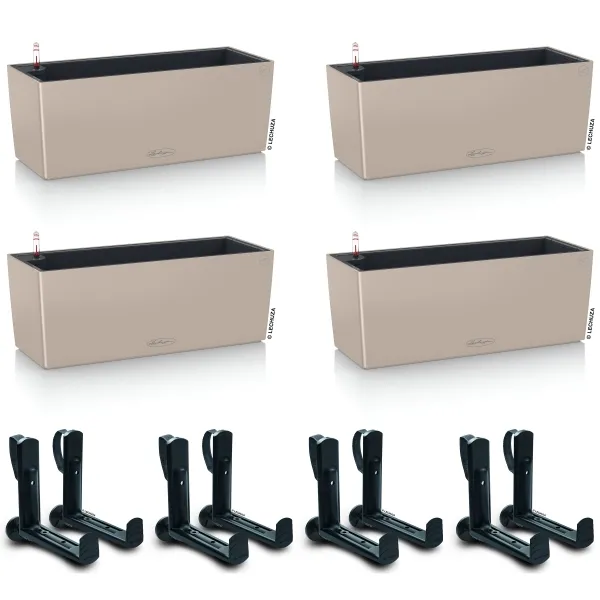 LECHUZA® Blumenkasten BALCONERA Color 50 Sandbraun All-in-One x 4 + 8 Halter