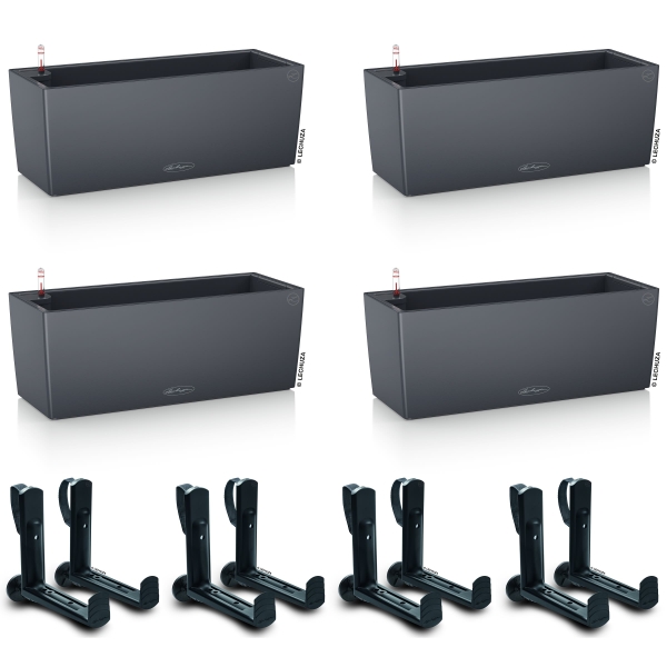LECHUZA® Blumenkasten BALCONERA Color 50 Schiefergrau All-in-One x 4 + 8 Halter