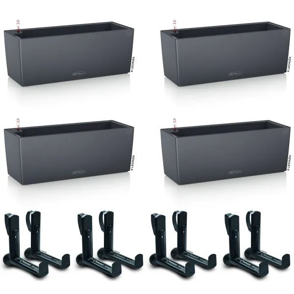 LECHUZA® Blumenkasten BALCONERA Color 50 Schiefergrau All-in-One x 4 + 8 Halter