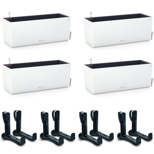 LECHUZA® Blumenkasten BALCONERA Color 50 Weiß All-in-One x 4 + 8 Halter