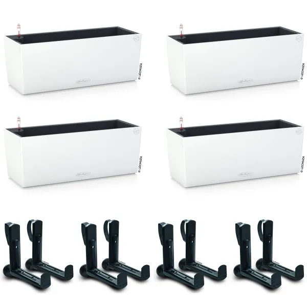 LECHUZA® Blumenkasten BALCONERA Color 50 Weiß All-in-One x 4 + 8 Halter