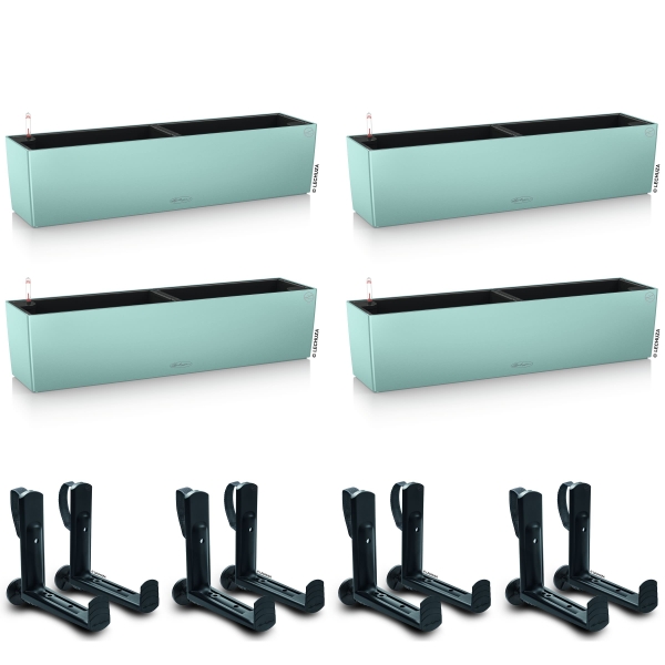 LECHUZA® Blumenkasten BALCONERA Color 80 Pastellgrün All-in-One x 4 + 8 Halter