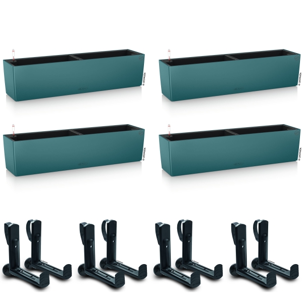 LECHUZA® Blumenkasten BALCONERA Color 80 Petrolblau All-in-One x 4 + 8 Halter