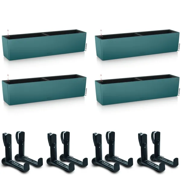 LECHUZA® Blumenkasten BALCONERA Color 80 Petrolblau All-in-One x 4 + 8 Halter