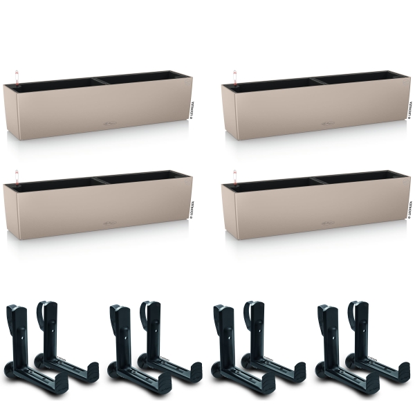 LECHUZA® Blumenkasten BALCONERA Color 80 Sandbraun All-in-One x 4 + 8 Halter