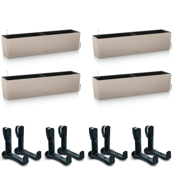 LECHUZA® Blumenkasten BALCONERA Color 80 Sandbraun All-in-One x 4 + 8 Halter