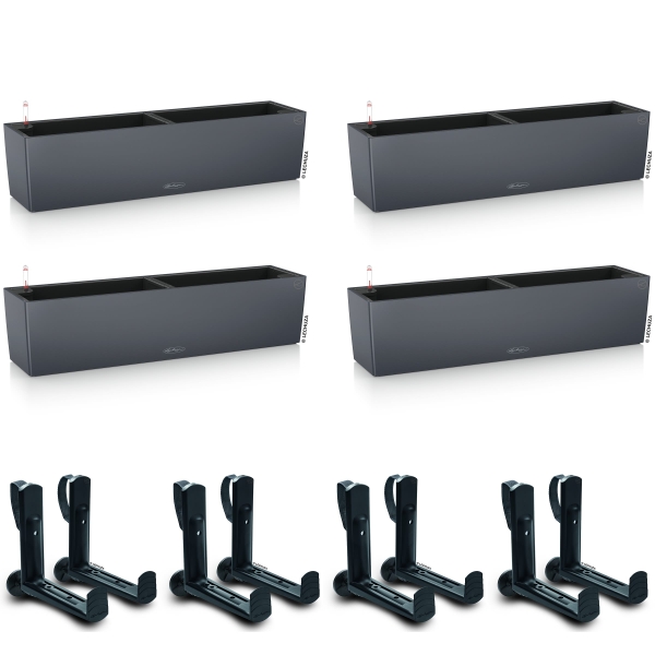 LECHUZA® Blumenkasten BALCONERA Color 80 Schiefergrau All-in-One x 4 + 8 Halter