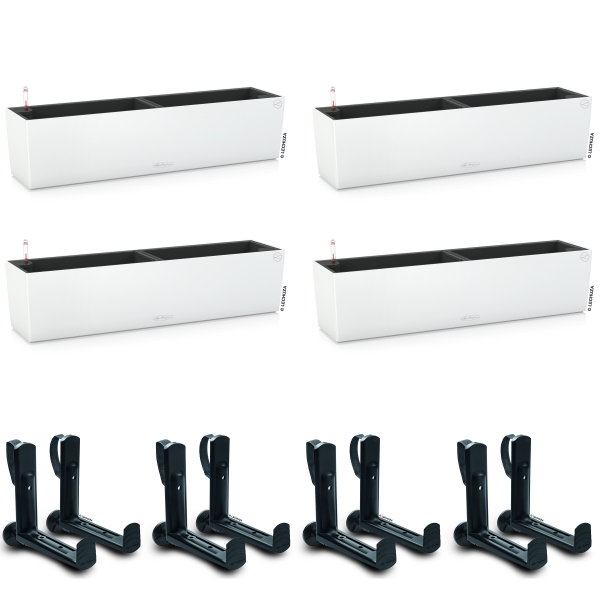 LECHUZA® Blumenkasten BALCONERA Color 80 Weiß All-in-One x 4 + 8 Halter