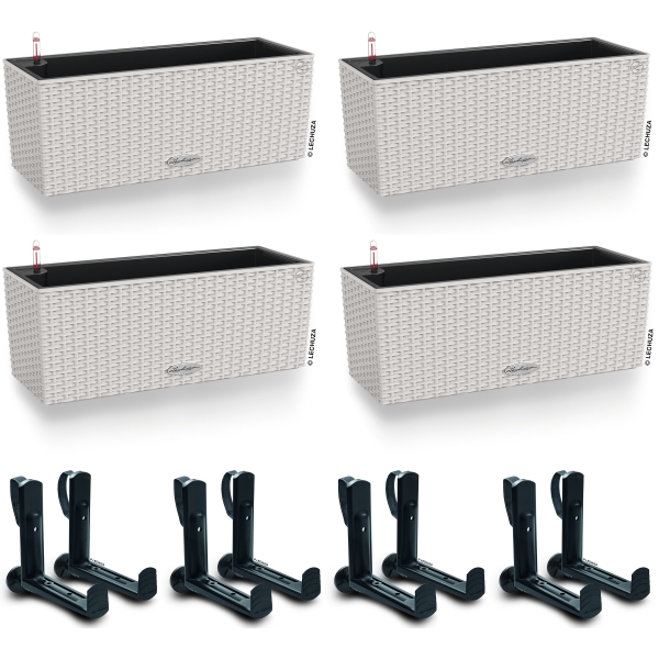 LECHUZA® Blumenkasten BALCONERA Cottage 50 Lichtgrau All-in-One x 4 + 8 Halter