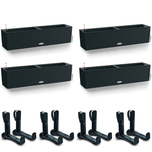 LECHUZA® Blumenkasten BALCONERA Cottage 80 Graphitschwarz All-in-One x 4 + 8 Halter
