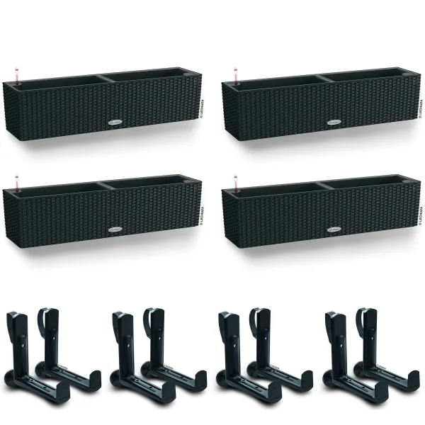 LECHUZA® Blumenkasten BALCONERA Cottage 80 Graphitschwarz All-in-One x 4 + 8 Halter