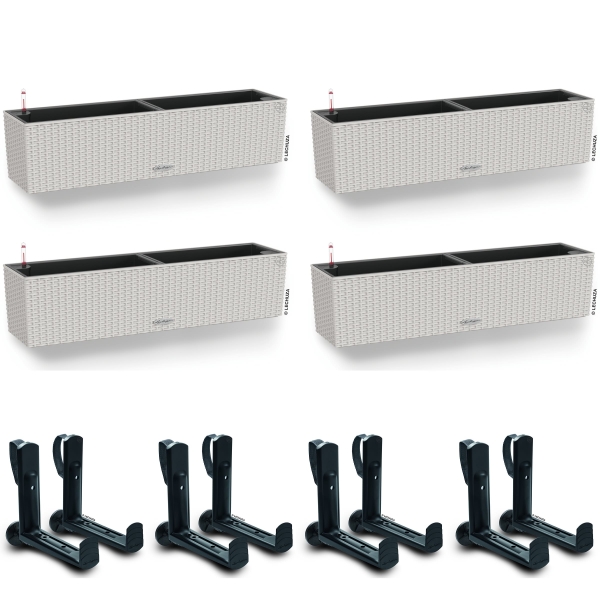 LECHUZA® Blumenkasten BALCONERA Cottage 80 Lichtgrau All-in-One x 4 + 8 Halter