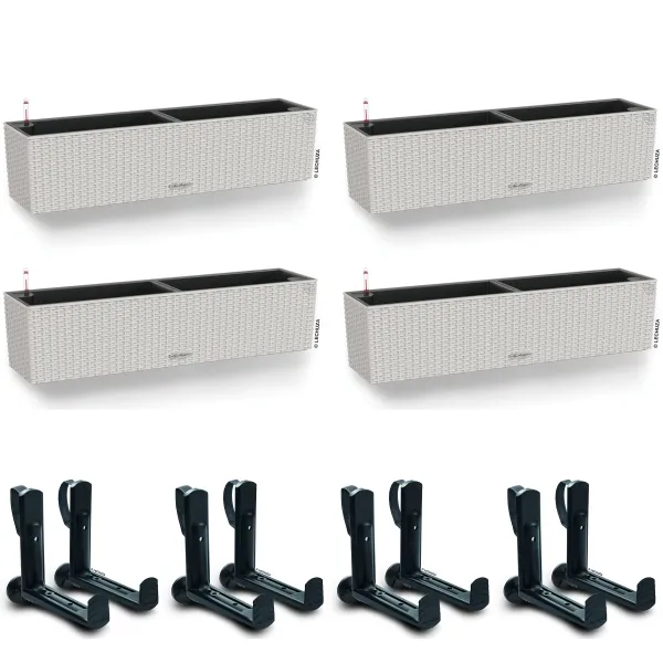 LECHUZA® Blumenkasten BALCONERA Cottage 80 Lichtgrau All-in-One x 4 + 8 Halter