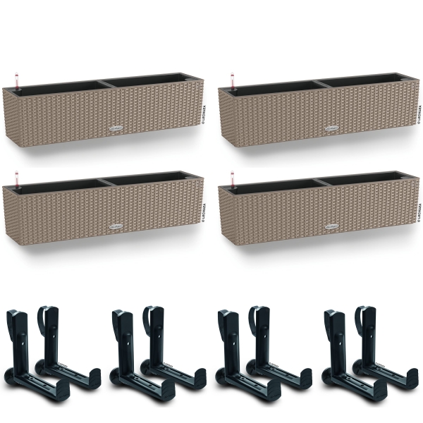 LECHUZA® Blumenkasten BALCONERA Cottage 80 Sandbraun All-in-One x 4 + 8 Halter